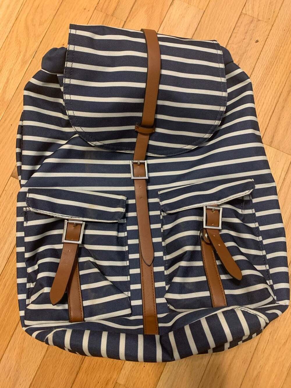 Navy and White Striped Canvas Backpack with Faux Leather Accents
